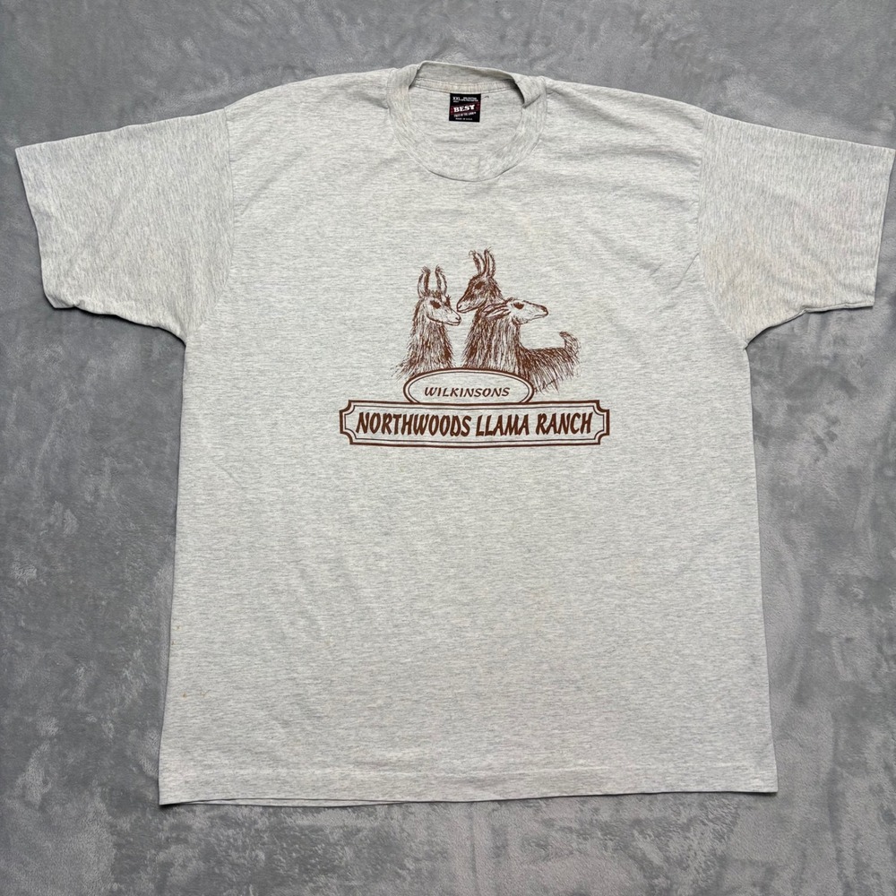 VTG Fruit of the Loom Northwoods Llama Ranch Graphic T-Shirt XXL Gray 90s USA